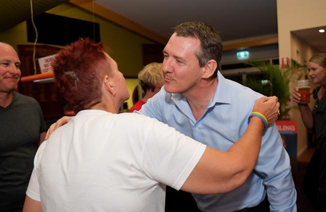 Chief Minister Michael Gunner greets a member at the Labor Party election function at the PINT Club in Marrara. Picture: Keri Megelus