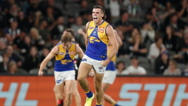 Jake Waterman celebrates a big goal on Saturday night. Picture: Michael Willson/AFL Photos