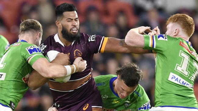 Payne Haas injured his shoulder in the Broncos’ win against the Raiders. Picture: NRL Photos