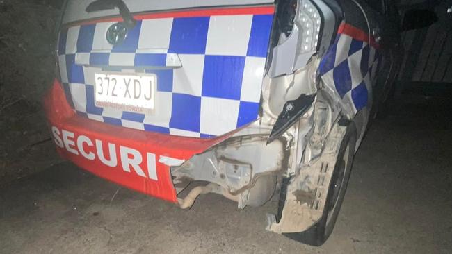 A Townsville security company patrol car was rammed repeatedly by people in a stolen car at Aitkenvale on Tuesday morning. Picture: Security Options NQ