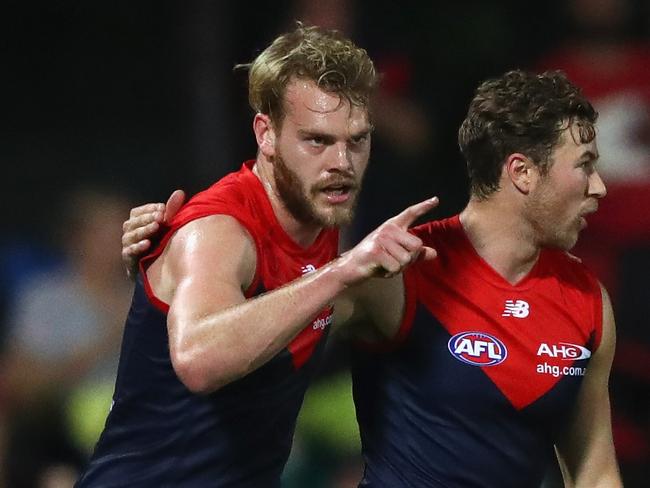 DARWIN, AUSTRALIA - JULY 09: Jack Watts of the Demons celebrates after scoring a goal during the round 16 AFL match between the Melbourne Demons and the Fremantle Dockers at TIO Stadium on July 9, 2016 in Darwin, Australia. (Photo by Robert Cianflone/Getty Images)