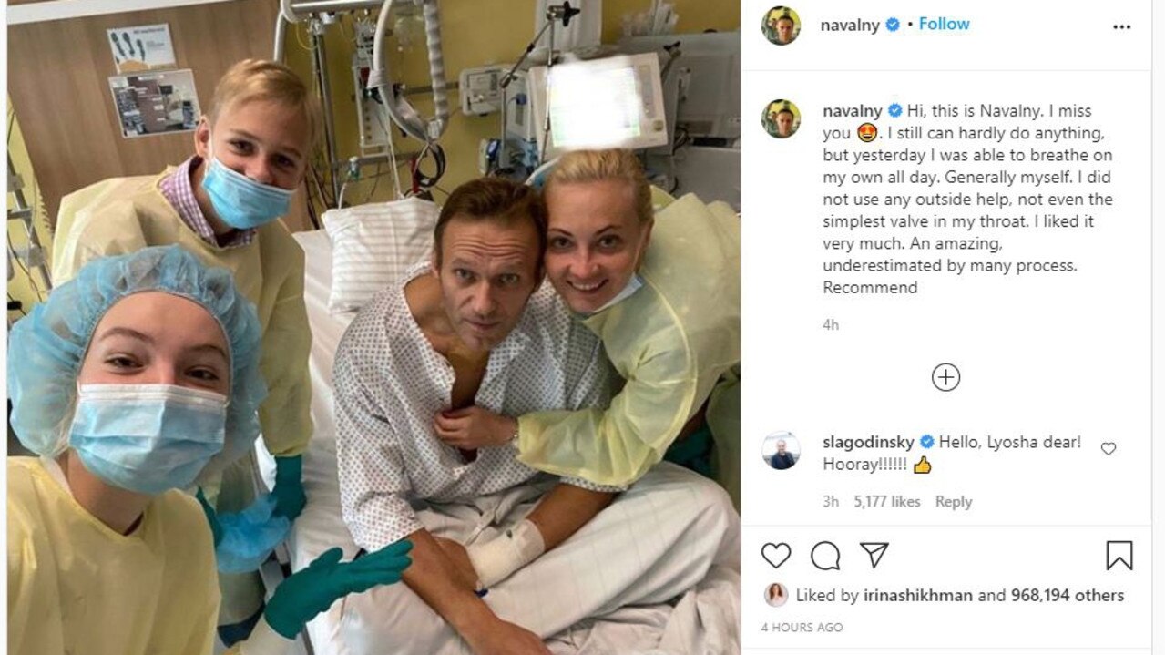 Alexei Navalny, with his wife Yulia and two children, has breathed unaided for the first time since his nerve agent poisoning last month. Picture: Instagram.