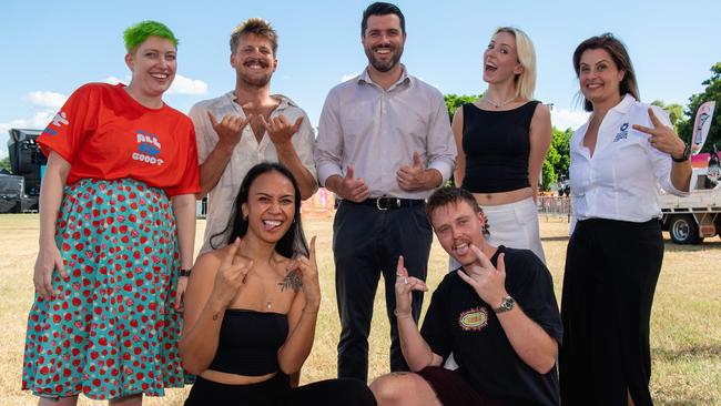 Top (L-R) Danielle Andrews All Good Project, Ziggy Alberts, Minister Brent Potter Lotte Gallagher and CEO of NT Major Events Suzana Bishop. Front left Juran Adams and Matt McLean ahead of the 2024 Bass In The Grass festival in Darwin. Picture: Pema Tamang Pakhrin