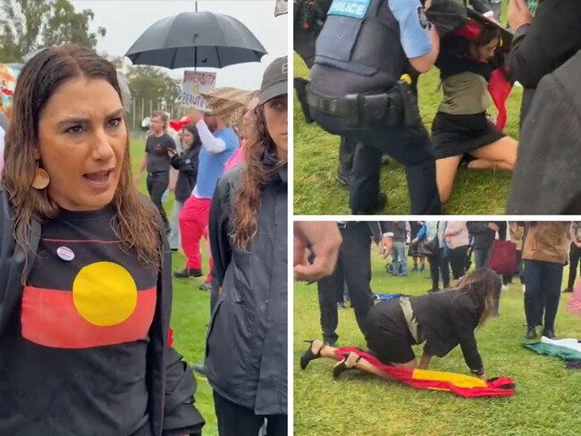 Lidia Thorpe has been wrestled to the ground by police after trying to disrupt “pro-women” rally outside Canberra’s Parliament House.