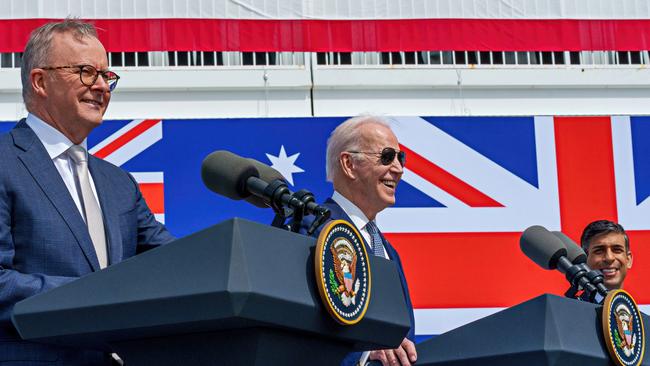 Anthony Albanese, Joe Biden and then-British prime minister Rishi Sunak at the AUKUS summit in San Diego in March 2023. Picture: PMO