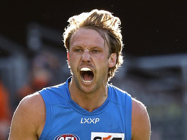 Suns' Jack Lukosius celebrates kicking a goal  during the Round 19 AFL match between the GWS Giants and Gold Coast Suns at Engie Stadium on July 20, 2024. Photo by Phil Hillyard(Image Supplied for Editorial Use only - **NO ON SALES** - Â©Phil Hillyard )