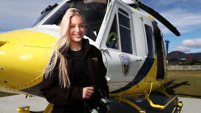 SUN TAS. Isabella Corbin 17 who is in training to be a helicopter pilot. Isabella is the daughter of the late Roger Corbin who was also a helicopter pilot and died in a helicopter crash in 2017. Picture: Nikki Davis-Jones