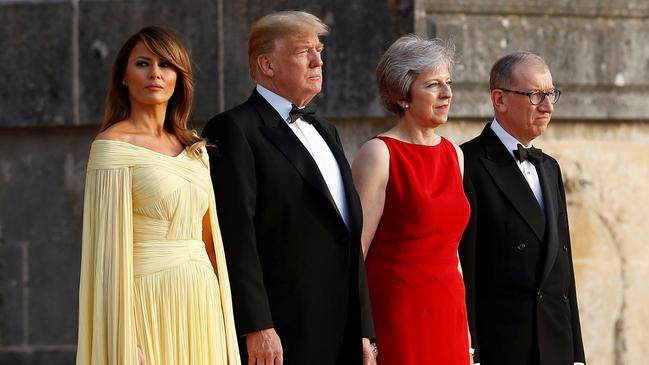 Melania and Donald Trump are welcomed by Theresa and Philip May to Blenheim Palace for dinner on Thursday. Picture: Reuters