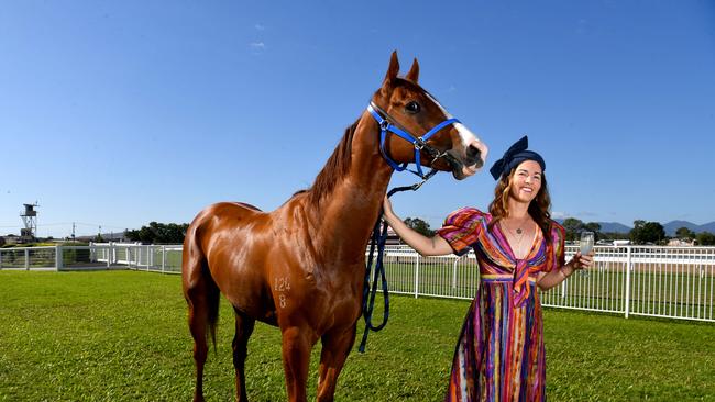 Celebrations are set to unfold at Cluden Park as the Townsville Turf Club celebrates 150-years since its inception in 1874. Lunch of the 2024 Winter racing season. Fashion of the Field coordinator Brooke Davies with Joe's Giggle, can't wait for the start of the 2024 Ladbrokes Winter Racing Carnival with the Lawrence &amp; Hanson 2YO Classic on this Saturday. Picture: Evan Morgan