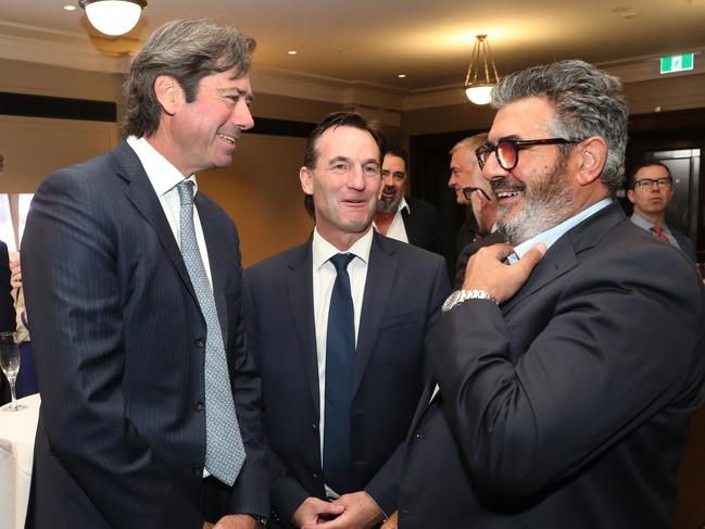 Neil Mitchell farewell/retirement lunch at Melbourne town hall. Gillon McLachlan, Andrew Dillon and Andrew Demetriou. Friday, February 9, 2024. Picture: David Crosling