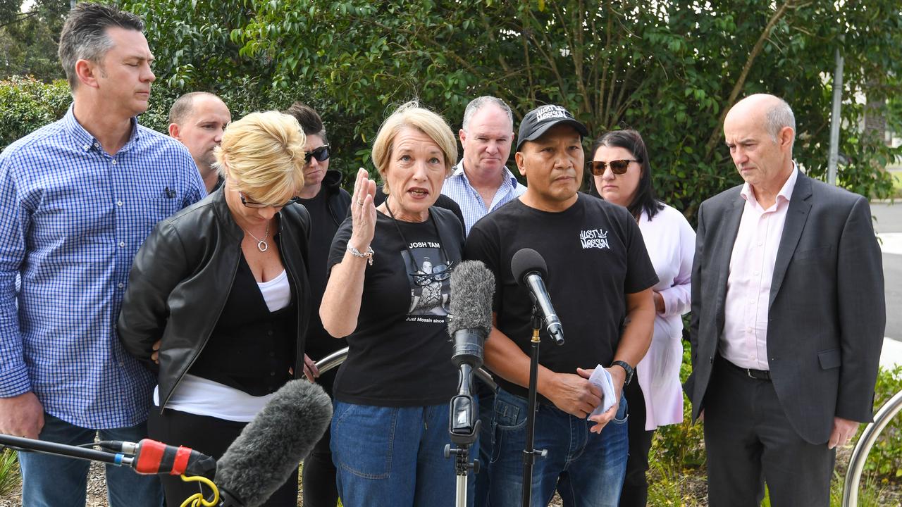 Parents of young people who died at music festivals speak outside the Coroner’s Court of New South Wales. Picture: AAP