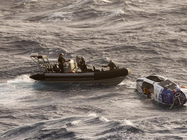 HMAS Choules rescues a solo rowboat adventurer off the east Australian coast. *** Local Caption *** On 01 March 2025, Defence accepted a request from the Australian Maritime Safety Authority (AMSA) to support a search and rescue operation approximately 740km east of Mackay, QLD, after concerns were raised for the safety of a solo occupied rowboat. The vessel is in close proximity to Severe Tropical Cyclone Alfred. Defence has dispatched a Royal Australian Air Force P-8A Poseidon aircraft from RAAF Base Edinburgh in South Australia, and the Royal Australian Navy ship HMAS Choules from Brisbane to assist in the AMSA âled operation.