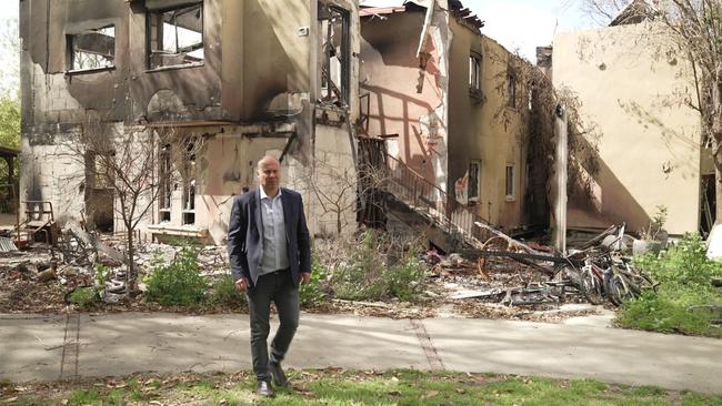 Josh Frydenberg at Be’eri Kibbutz, where more than 100 people including Australian grandmother Galit Carbone were murdered by Hamas terrorists on October 7.