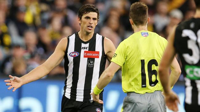 Collingwood captain Scott Pendlebury gives away a 50m penalty but the Magpies have enjoyed a dream run with the umpires in 2018. Picture: Michael Klein