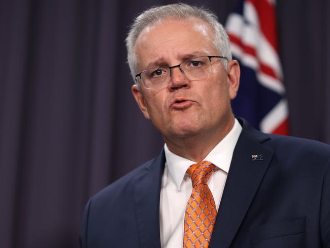 CANBERRA, AUSTRALIA - NewsWire Photos APRIL, 08, 2021:  Prime Minister Scott Morrison during a late press conference at Parliament House in Canberra.Picture: NCA NewsWire/Gary Ramage