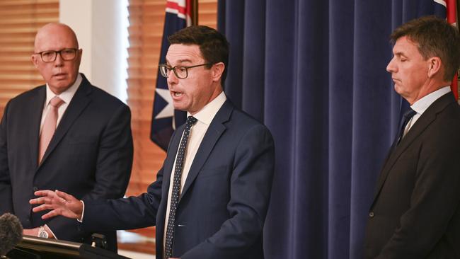 Opposition Leader Peter Dutton, Nationals leader David Littleproud and shadow treasurer Angus Taylor announced the Coalition’s supermarket policy on Tuesday.Picture: NewsWire / Martin Ollman