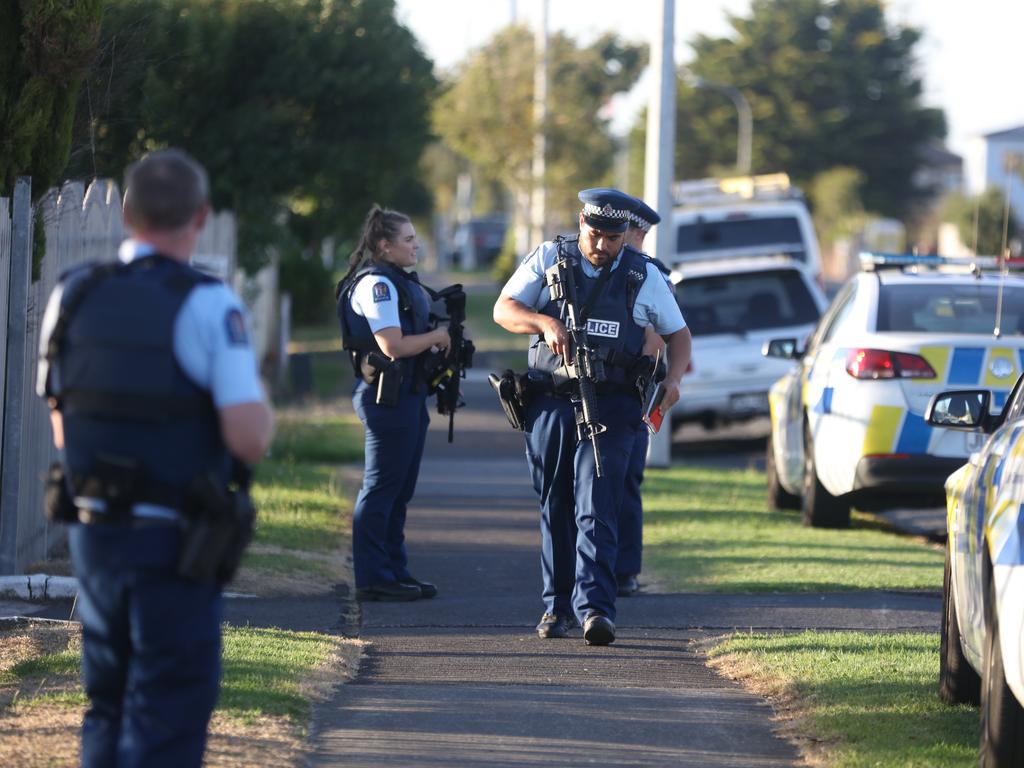 Armed police guard Auckland’s Masijd Ayesha Mosque after the Christchurch shootings. Picture: Phil Walter/Getty