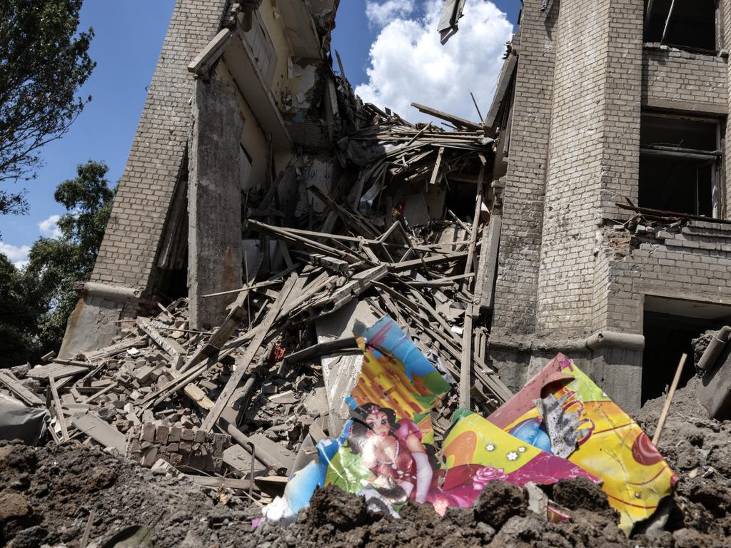 Attacked by C-300 surface-to-air missiles and Uragan rockets earlier in July, School number 16 lays in ruins in Kostyantynivka, Ukraine. Picture: Paula Bronstein/Getty Images