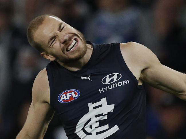 MELBOURNE , AUSTRALIA. April 20 , 2024.  AFL Round 6.  Carlton vs GWS Giants at Marvel Stadium.  Harry McKay of the Blues reacts after missing a shot at goal during the 1st qtr.     . Pic: Michael Klein