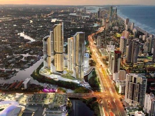 The Star Gold Coast Masterplan Development (viewed from the South) at its island site at Broadbeach where two existing towers will be joined by Tower 1 starting construction in August and a proposed further four towers