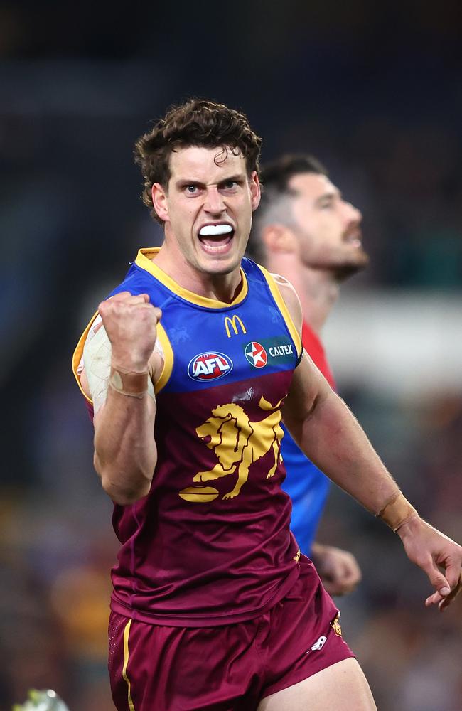 Jarrod Berry celebrates a goal against the Demons at The Gabba. Picture: Chris Hyde/AFL Photos/via Getty Images.