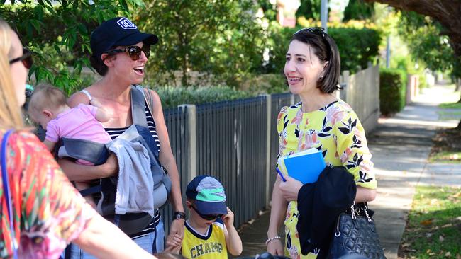 NSW Premier-in-waiting Gladys Berejiklian chats with residents near her home on Sunday morning. Picture: Jeremy Piper