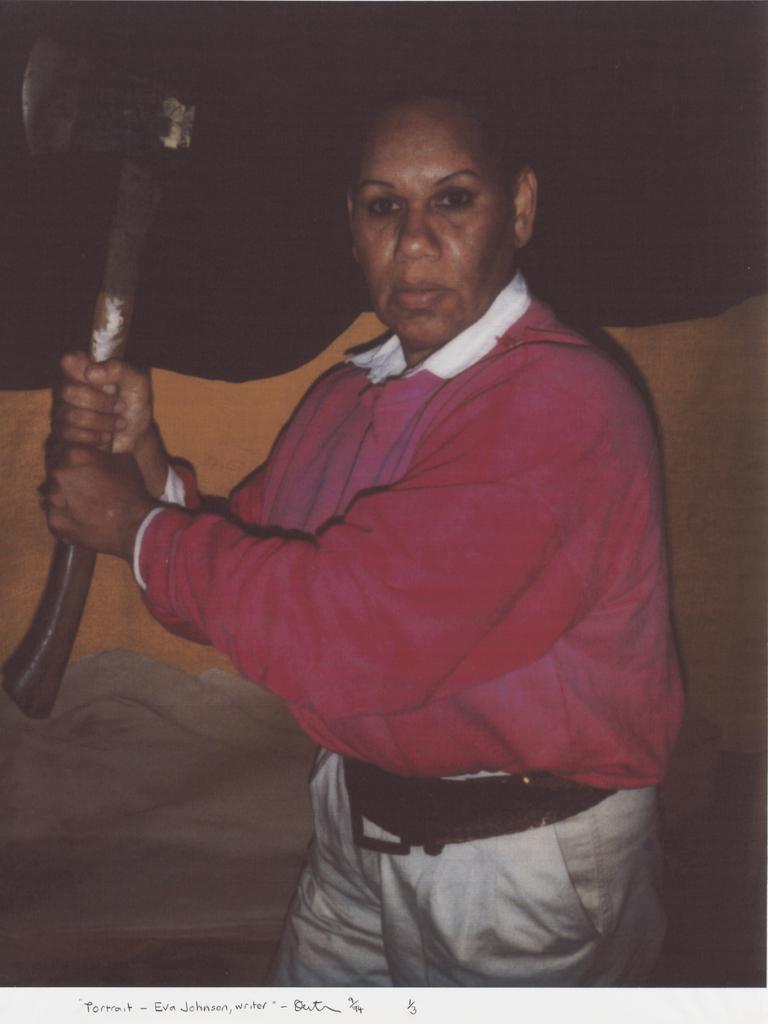 Destiny Deacon (Ku Ku/Erub/Mer peoples), Eva Johnson, writer (1994), colour photograph, 72.8 h x 58.6 w cm, National Gallery of Australia, Canberra, Purchased 1995, © Destiny Deacon/Copyright Agency