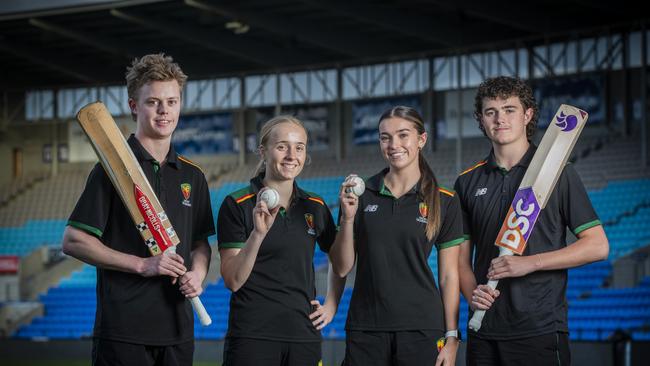 Emerging Tigers (L-R) Darcy Allen, Taylor Brooks, Sophia Di Venuto and Luca Di Venuto at Blundstone Arena. Picture: Chris Kidd