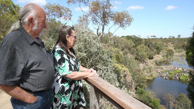 Terry and Pam Bolton looking over Buckley Falls, where upgrades to the waterway will take place in the next four years after Corangamite Catchment Management Authority was awarded a $1.67m grant. Picture: Alan Barber