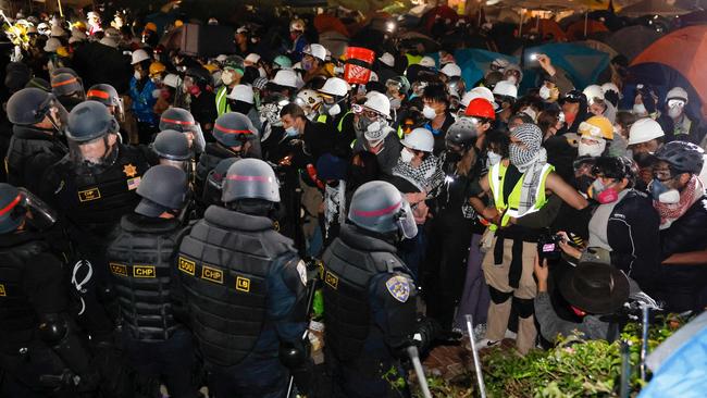 Police face-off with pro-Palestinian students after destroying part of the encampment barricade on the campus of the University of California, Los Angeles (UCLA) in Los Angeles, California. Picture: AFP