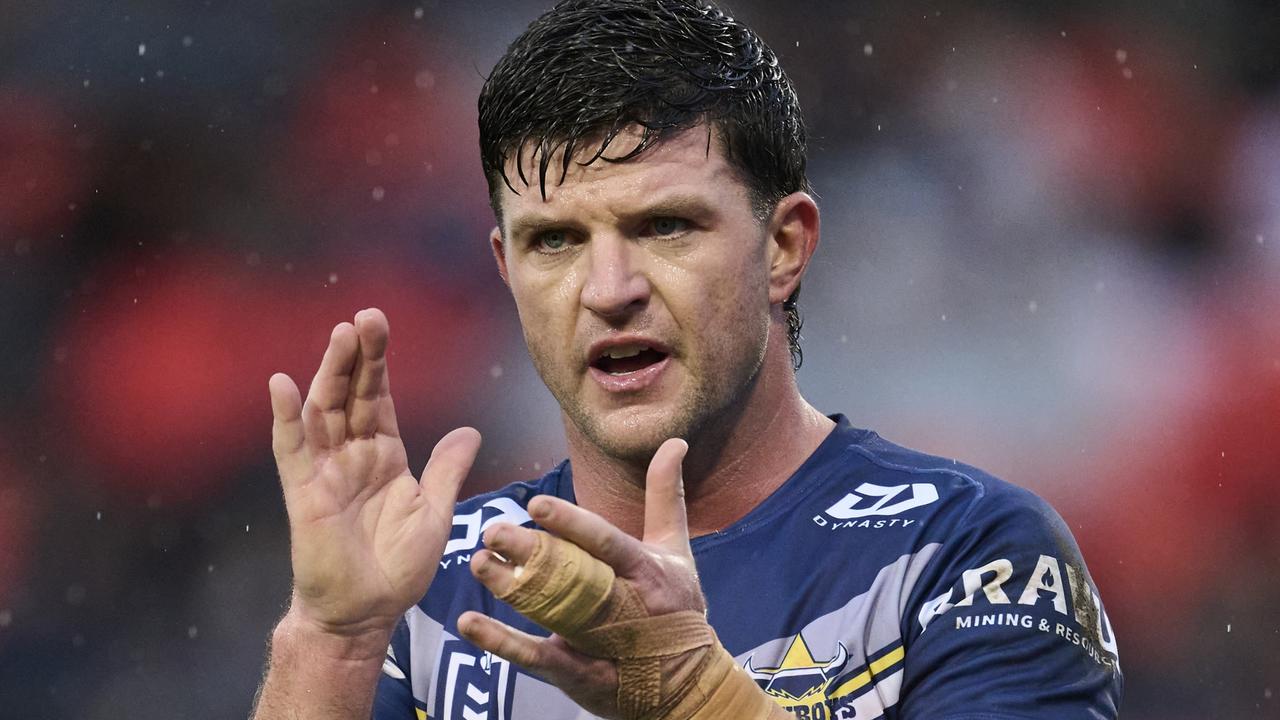 PENRITH, AUSTRALIA - JUNE 30: Chad Townsend of the Cowboys reacts during the round 17 NRL match between Penrith Panthers and North Queensland Cowboys at BlueBet Stadium, on June 30, 2024, in Penrith, Australia. (Photo by Brett Hemmings/Getty Images)