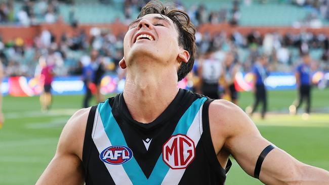 ADELAIDE, AUSTRALIA - MARCH 17: Zak Butters and Connor Rozee of the Power celebrate their win during the 2024 AFL Round 01 match between the Port Adelaide Power and the West Coast Eagles at Adelaide Oval on March 17, 2024 in Adelaide, Australia. (Photo by James Elsby/AFL Photos via Getty Images)