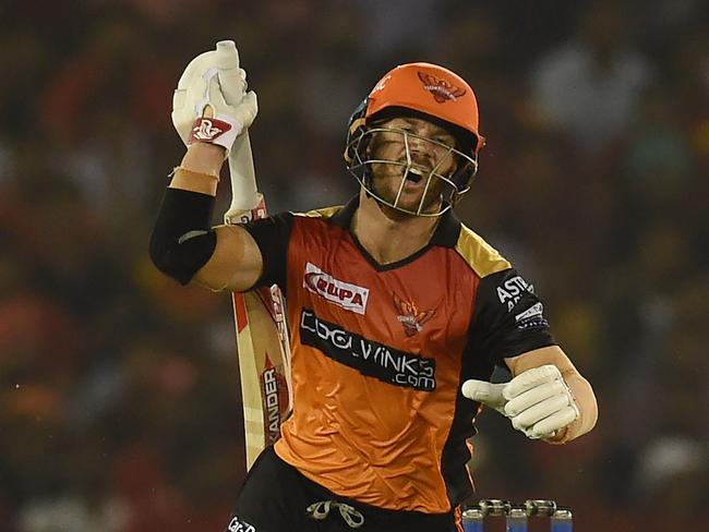 Sunrisers Hyderabad batsman David Warner reacts after playing a shot. Picture: Money Sharma/AFP