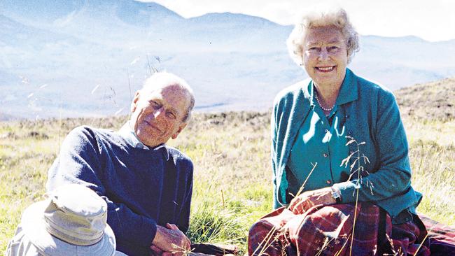 Sophie’s portrait of the Queen and Duke in Scotland in 2003. Picture: The Countess of Wessex/Buckingham Palace/AFP