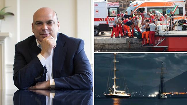 British tech entrepreneur Mike Lynch is missing after the superyacht sank. (Picture: Simon Dawson/Getty Images); [Top right] Emergency services bring a body bag ashore. (Igor Petyx/Reuters)