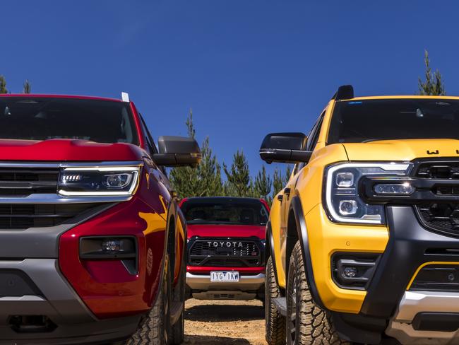 2023 Toyota HiLux GR, Ford Ranger Wildtrak X, Volkswagen Amarok PanAmericana comparison test. Photo: Mark Bean