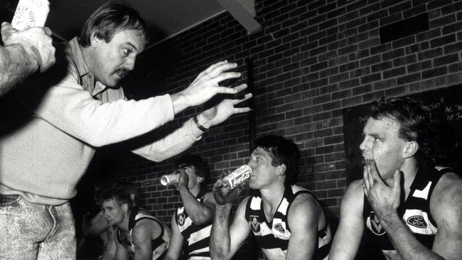 Geelong coach Malcolm Blight with players Gary Cameron, Austin McCrabb, Mark Bairstow and Billy Brownless in 1989.