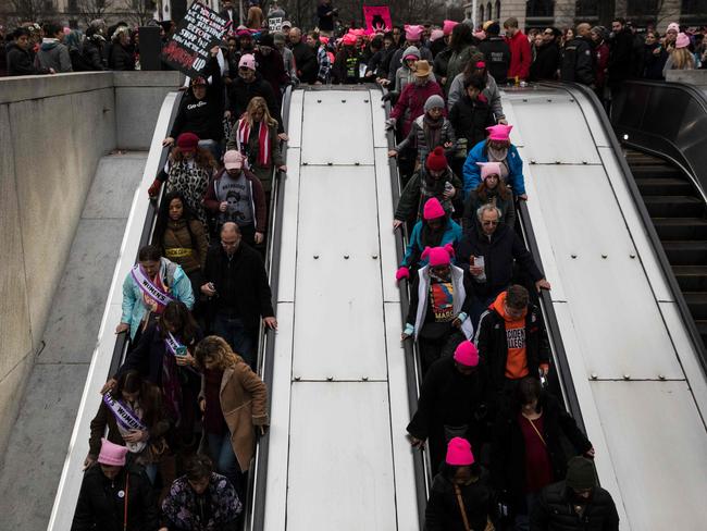 People make their way onto the National Archives Metro elevators during the Women's March on Washington. Picture: AFP / Zach Gibson
