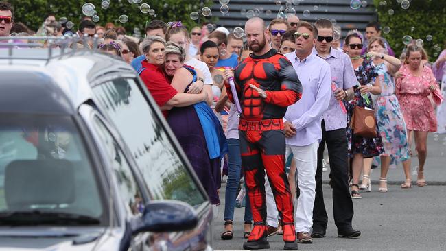 Family and friends at the funeral for little Paige Skarratts, who touched the hearts of the Gold Coast, at Dream Centre Carrara. Picture Glenn Hampson.