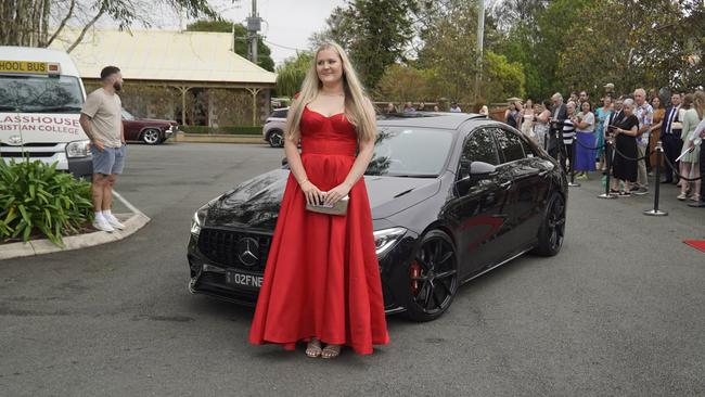 Students arriving in style for the 2024 Glasshouse Christian College formal at Flaxton Gardens.