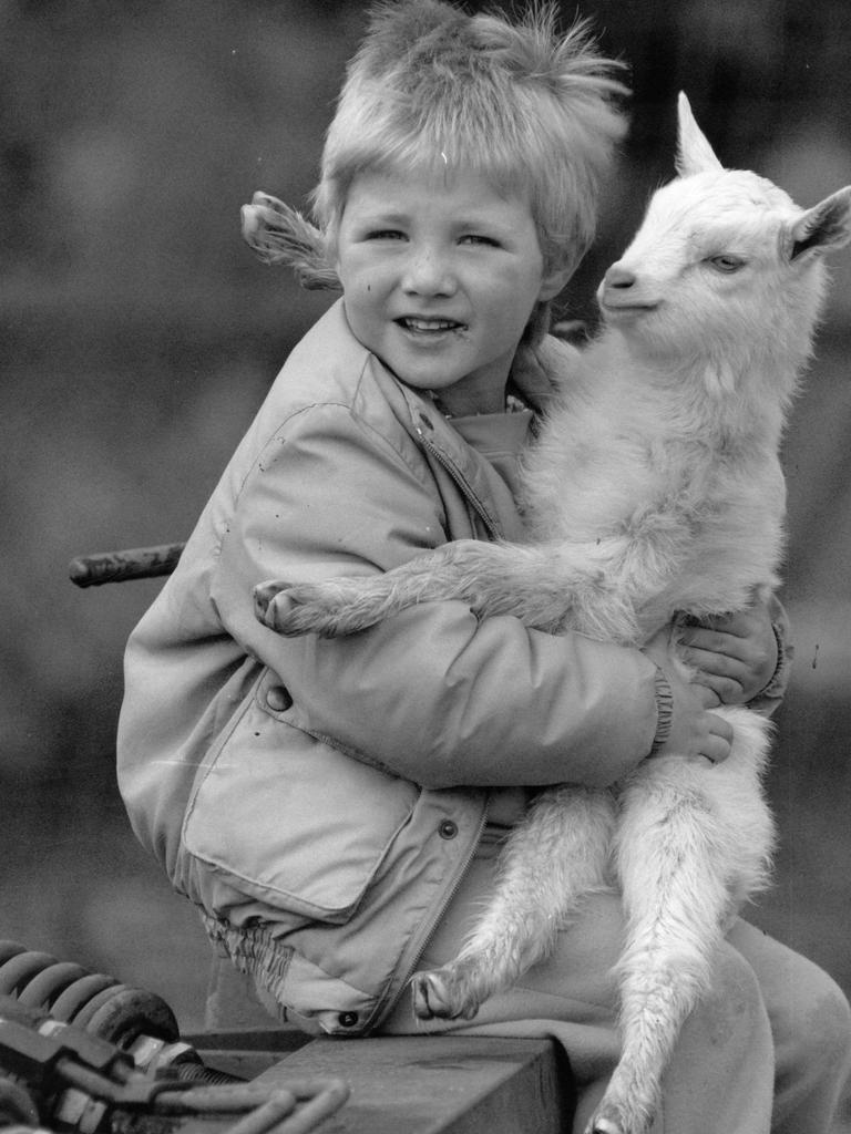 August 1991. Chris Aitchison, 4, of Riverton with his week-old kid goat, which he lent the goat to the animal nursery at the Royal Adelaide Show.