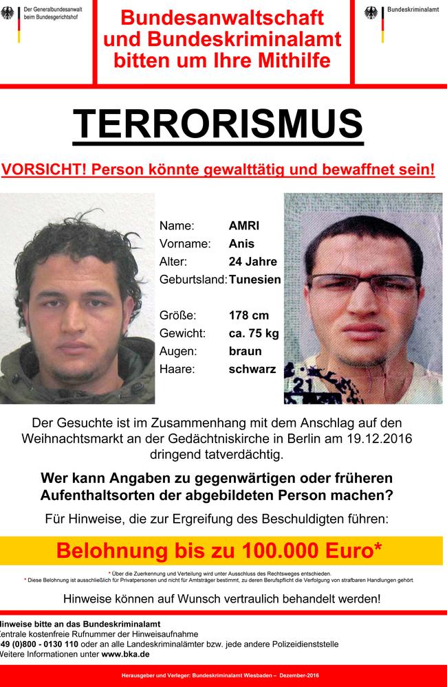 The wanted poster issued by German federal police shows 24-year-old Tunisian Anis Amri, suspected of being involved in the fatal attack on the Christmas market in Berlin. Picture: German police via AP