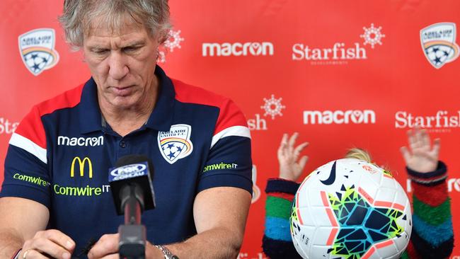 Adelaide United head coach Gertjan Verbeek at a press conference with daughter Senne at Coopers Stadium in September (David Mariuz)