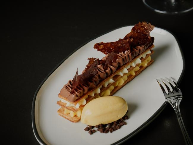 Dark chocolate mille feuille. Photo: Kristoffer Paulsen/ Supplied