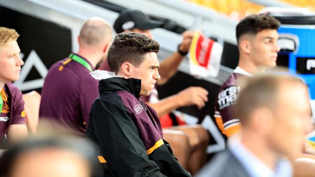 Brodie Croft on the bench with a shoulder injury. Picture: Adam Head