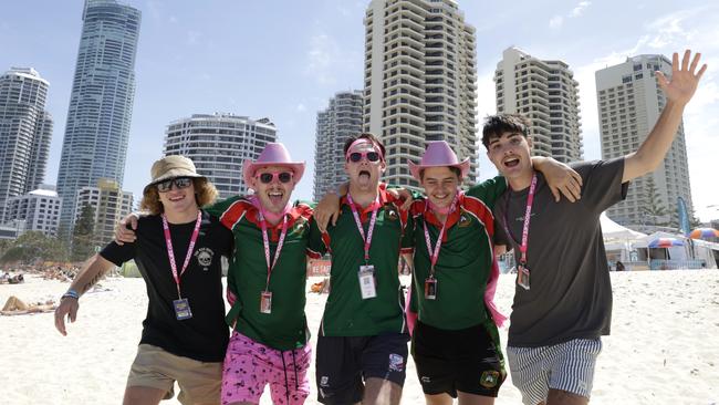 Ethan Luke Facer, 17, Charlie Jackson Brown, 18, Lachlan Christopher Thompson, 17, Joel William Markey, 18, and Ethan Daniel Brose, 17, say they’ll be life-long mates after meeting at Schoolies. Photo: Regi Varghese