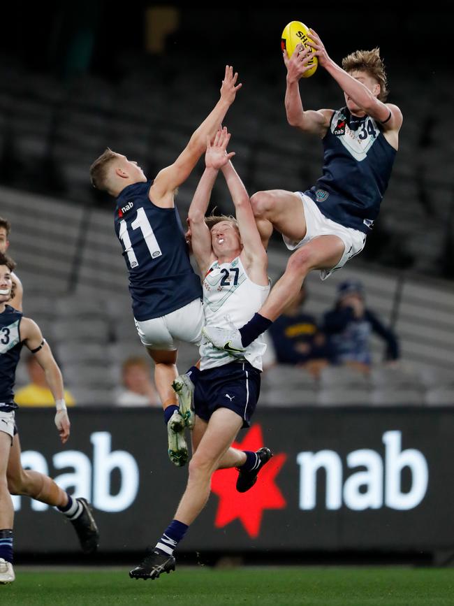 Max Gruzewski flies to take a screamer. Picture: Dylan Burns/AFL Photos via Getty Images