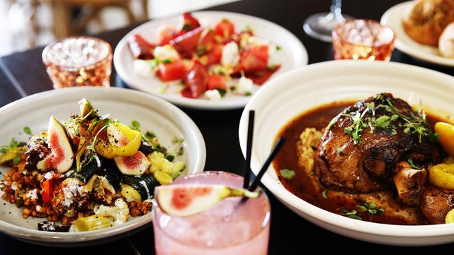 The Market Vegetable Burghul Tagine, and Lamb Shoulder at Maestro & Co dining in Manly. Picture: Braden Fastier