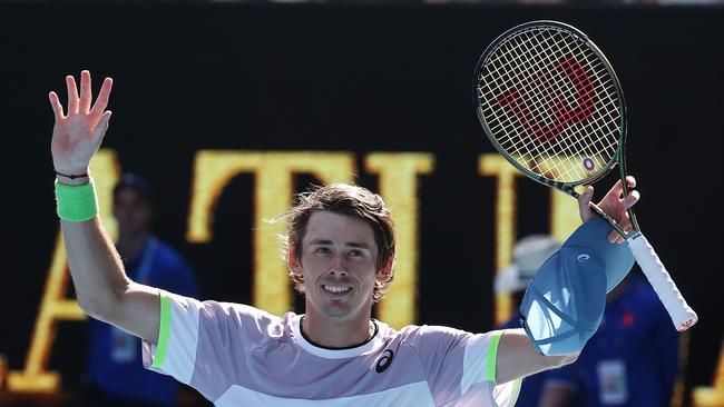 Alex de Minaur defeated Benjamin Bonzi on Rod Laver Arena on Saturday, 7-6 6-2 6-1. Picture: Michael Klein