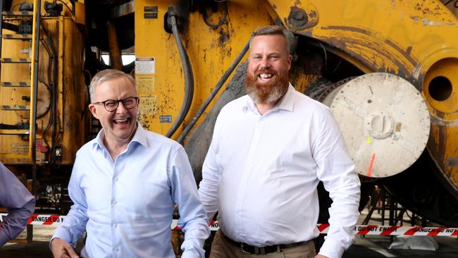 Labor leader Anthony Albanese visited the Mount Thorley Warkworth mine in regional NSW on day 4 of the federal election campaign with Dan Repacholi. Picture: Toby Zerna